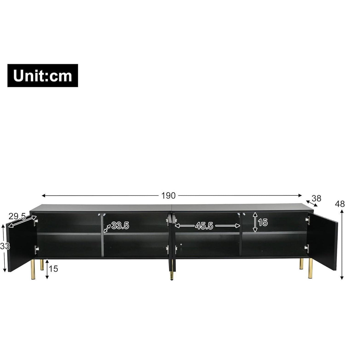 TV Schrank Schwarz mit goldenen Beinen & 8 Regalböden (190cm)