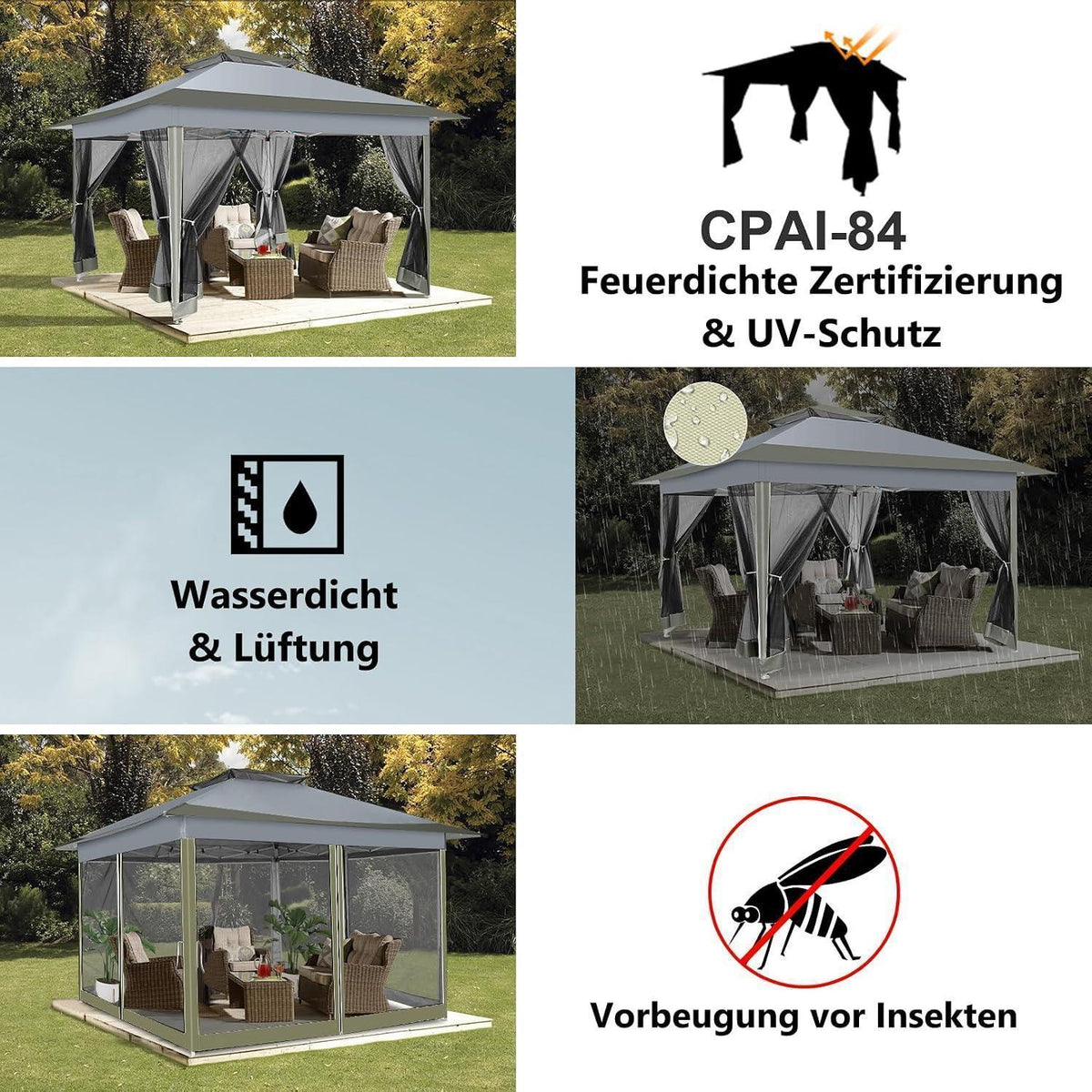 3x3 Pop Up Pavillon wasserdicht mit Moskitonetz & Seitenwänden