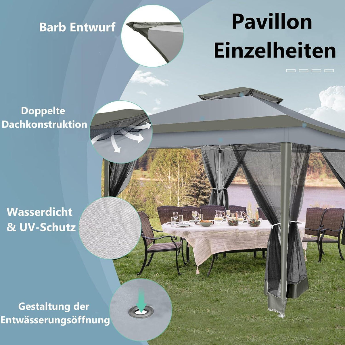 3x3 Pop Up Pavillon wasserdicht mit Moskitonetz & Seitenwänden