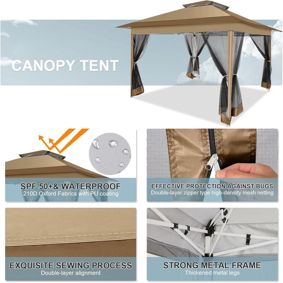 3x3 Pop-Up Pavillon wasserdicht mit Moskitonetz & Seitenwänden