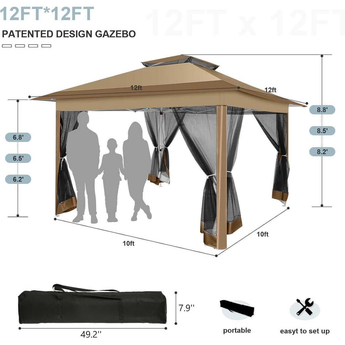 3x3 Pop-Up Pavillon wasserdicht mit Moskitonetz & Seitenwänden