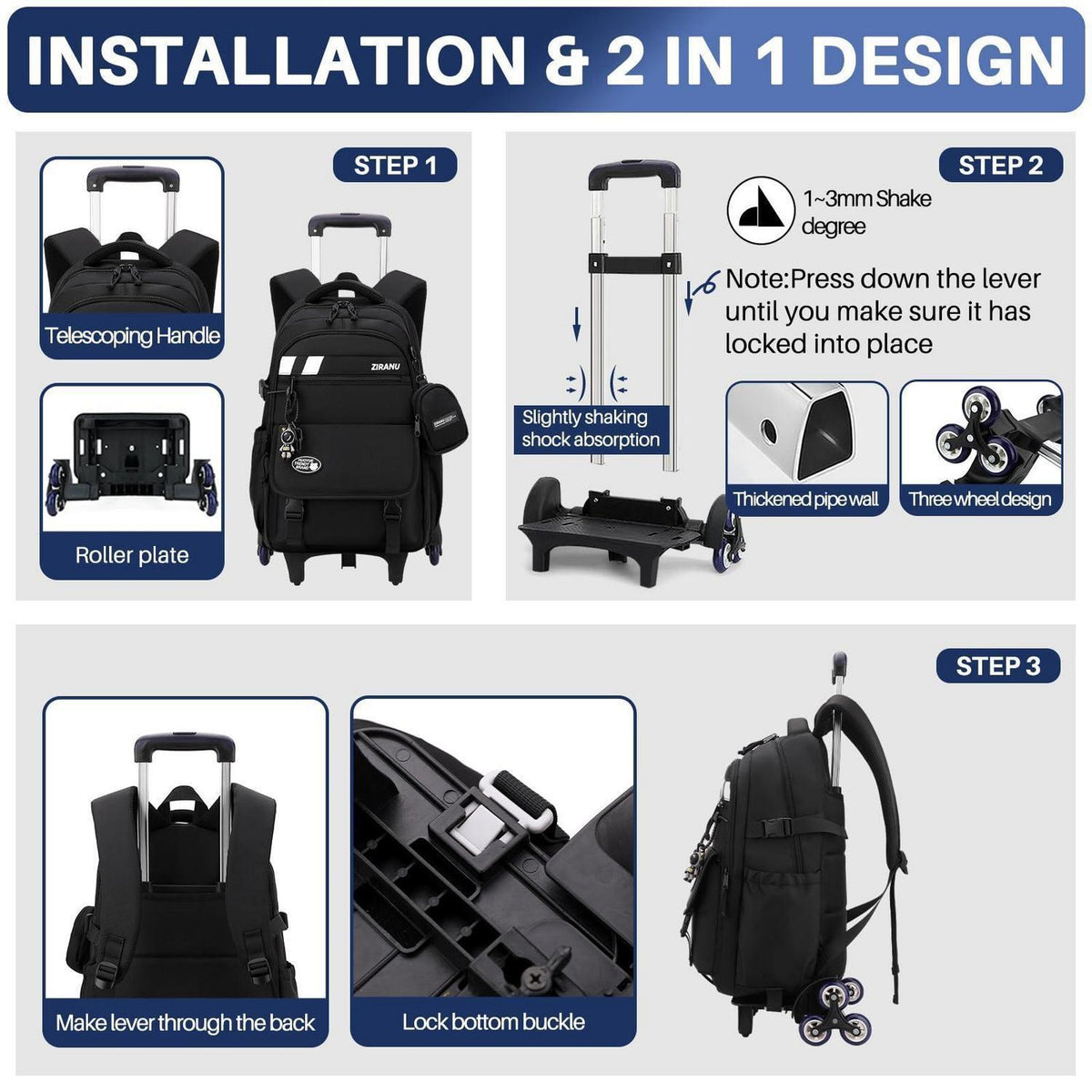 3er-Set Schulranzen mit Rollen – Kinder Schultasche Trolley Rucksack
