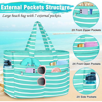 XXL Strandtasche mit 13 Taschen, wasserdicht, faltbar, grün gestreift