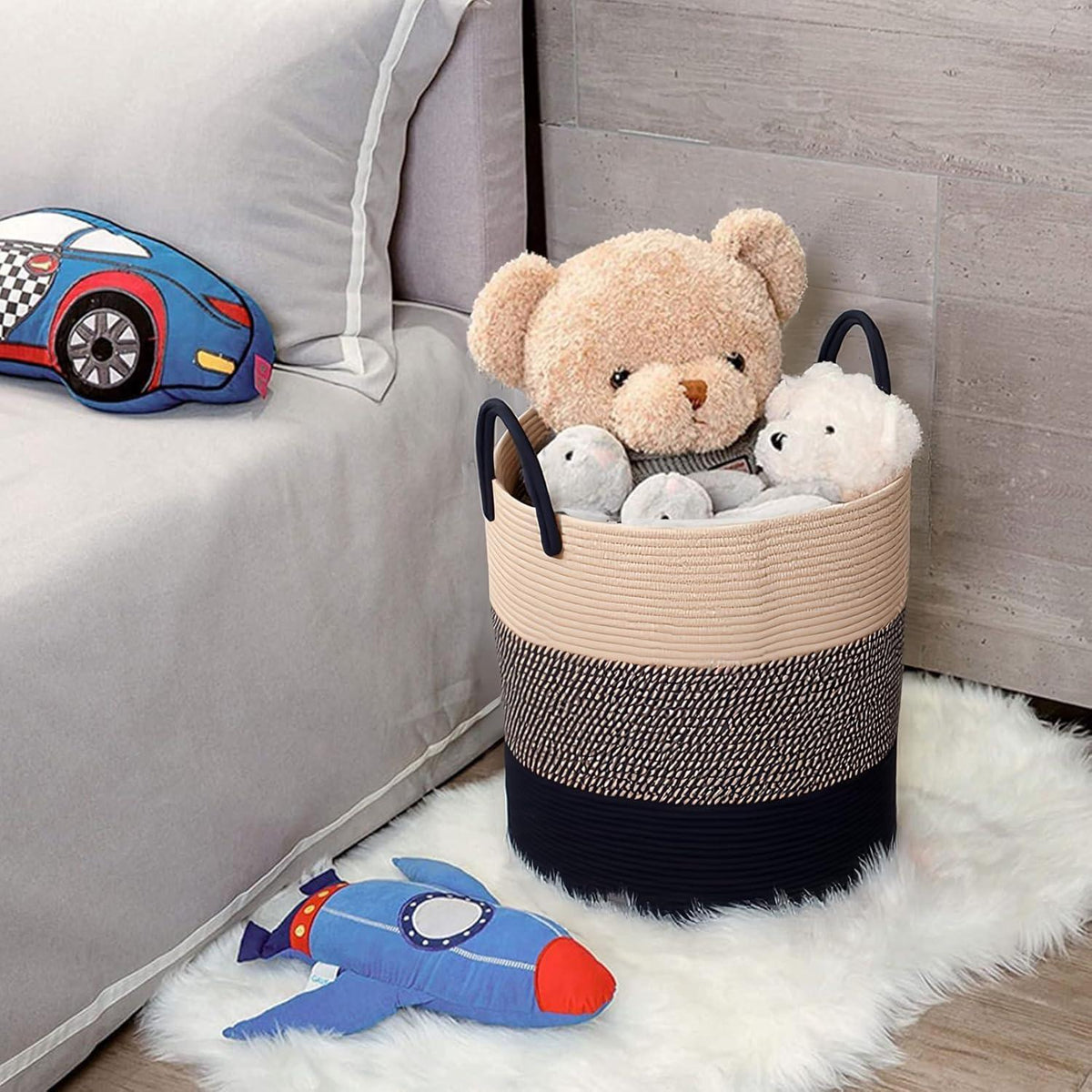 SYLANDO Wäschekorb geflochten, Aufbewahrungskorb Kinderzimmer, D 38 x H 50 CM