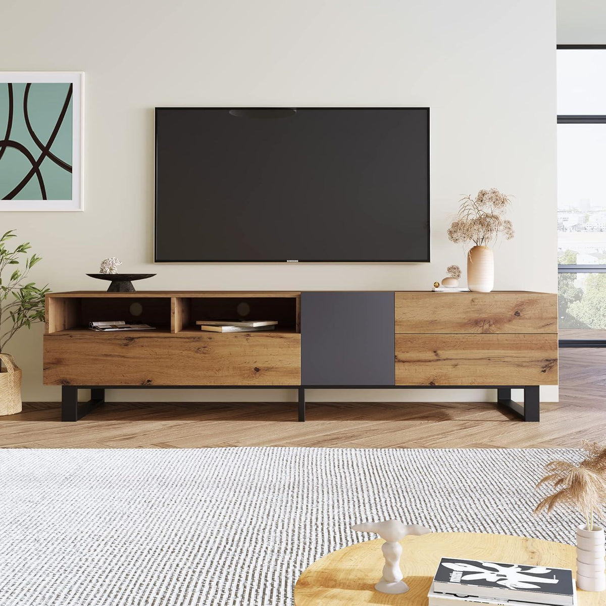 TV Lowboard 180cm mit 2 Schubladen – Schwarz & Holzoptik