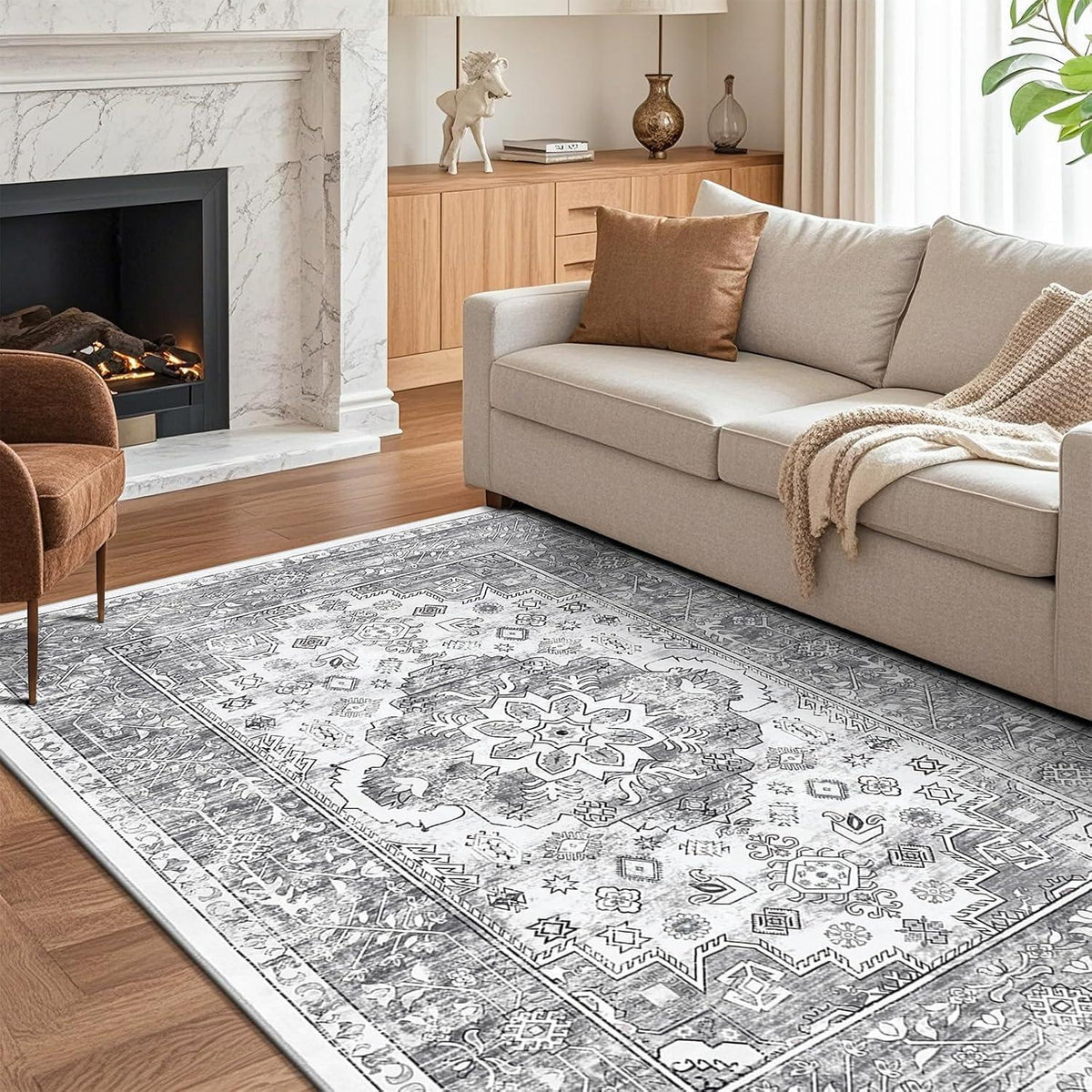 Waschbarer Kurzflorteppich 200x290 cm Vintage Boho Grau