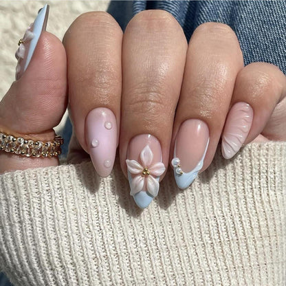 Press on Nails Almond Nude Blau French 3D Blumen Sommernägel