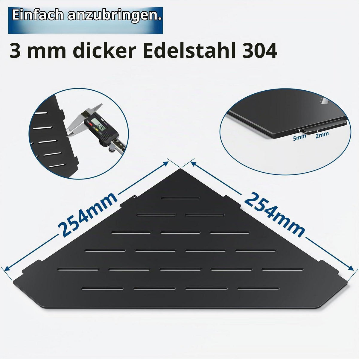 Eck-Duschregal Edelstahl Schwarz 25x25cm – Bohrlos & Platzsparend