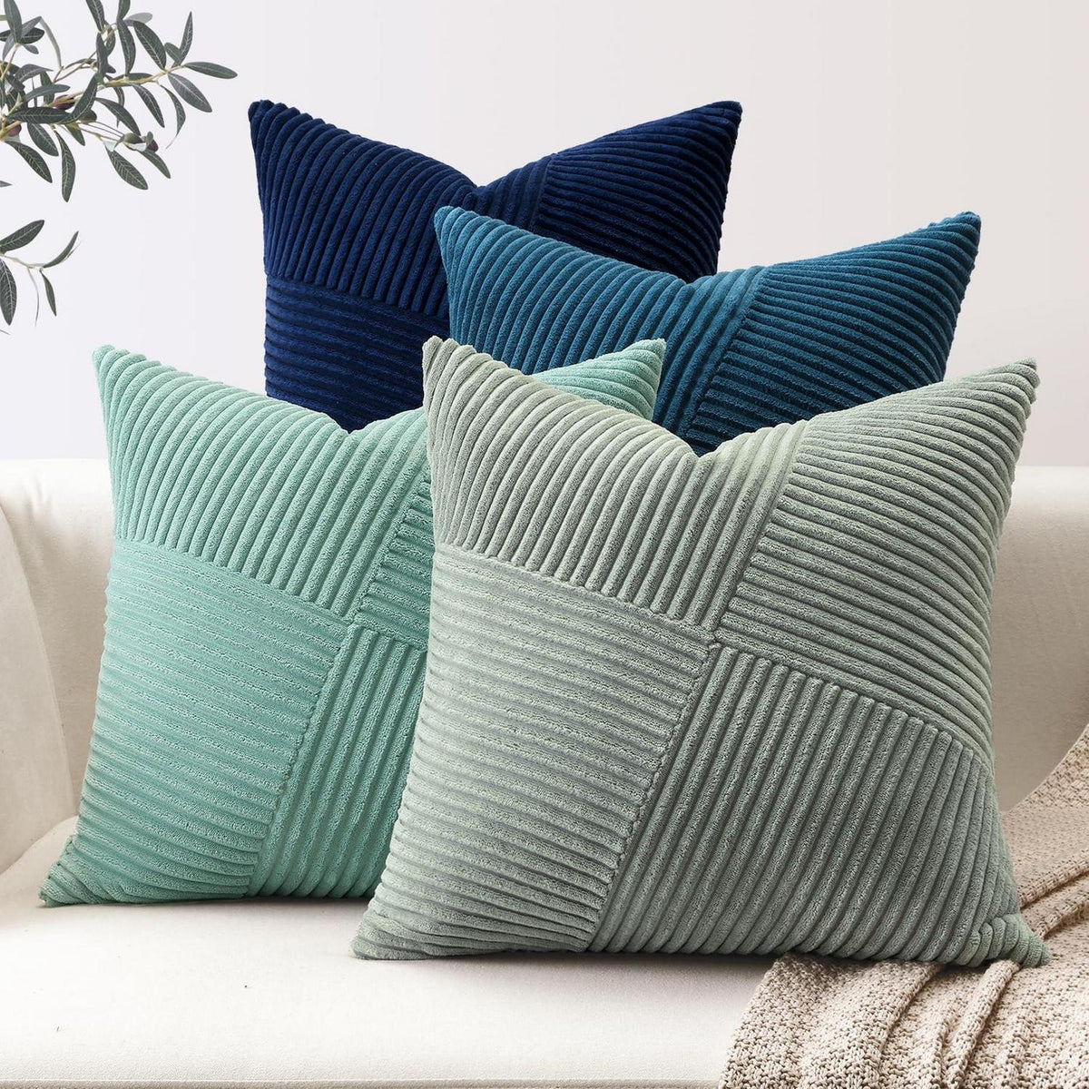 Cord Kissenbezug 50x50 cm, Blau gestreift, 4er Set