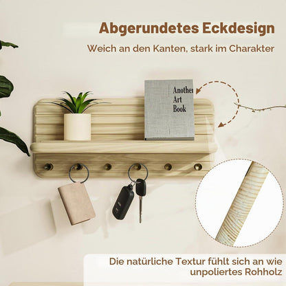 Schlüsselbrett Holz mit Ablage und 6 Haken