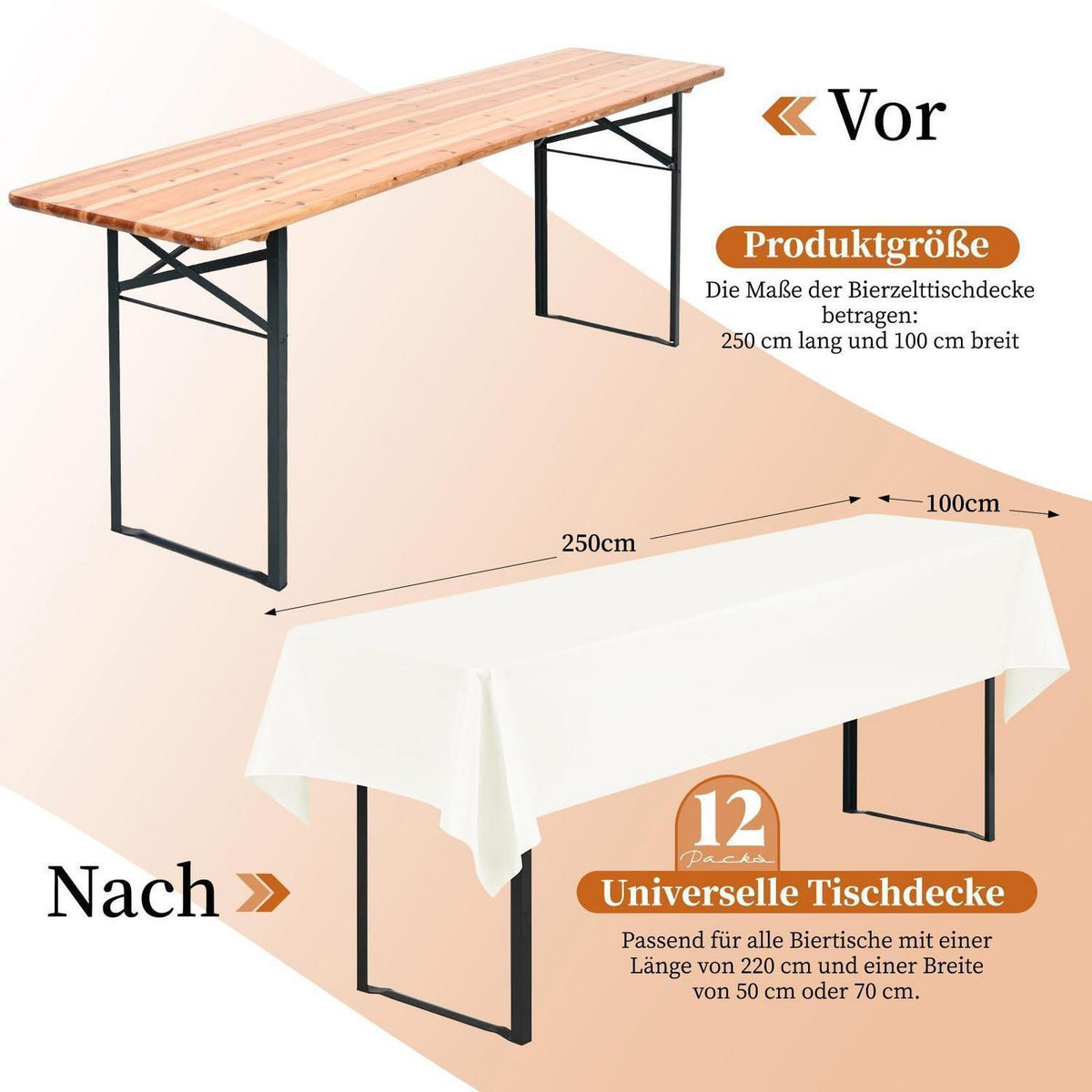 12x Elfenbein Biertisch Tischdecke 250x100cm – Waschbar & Blickdicht