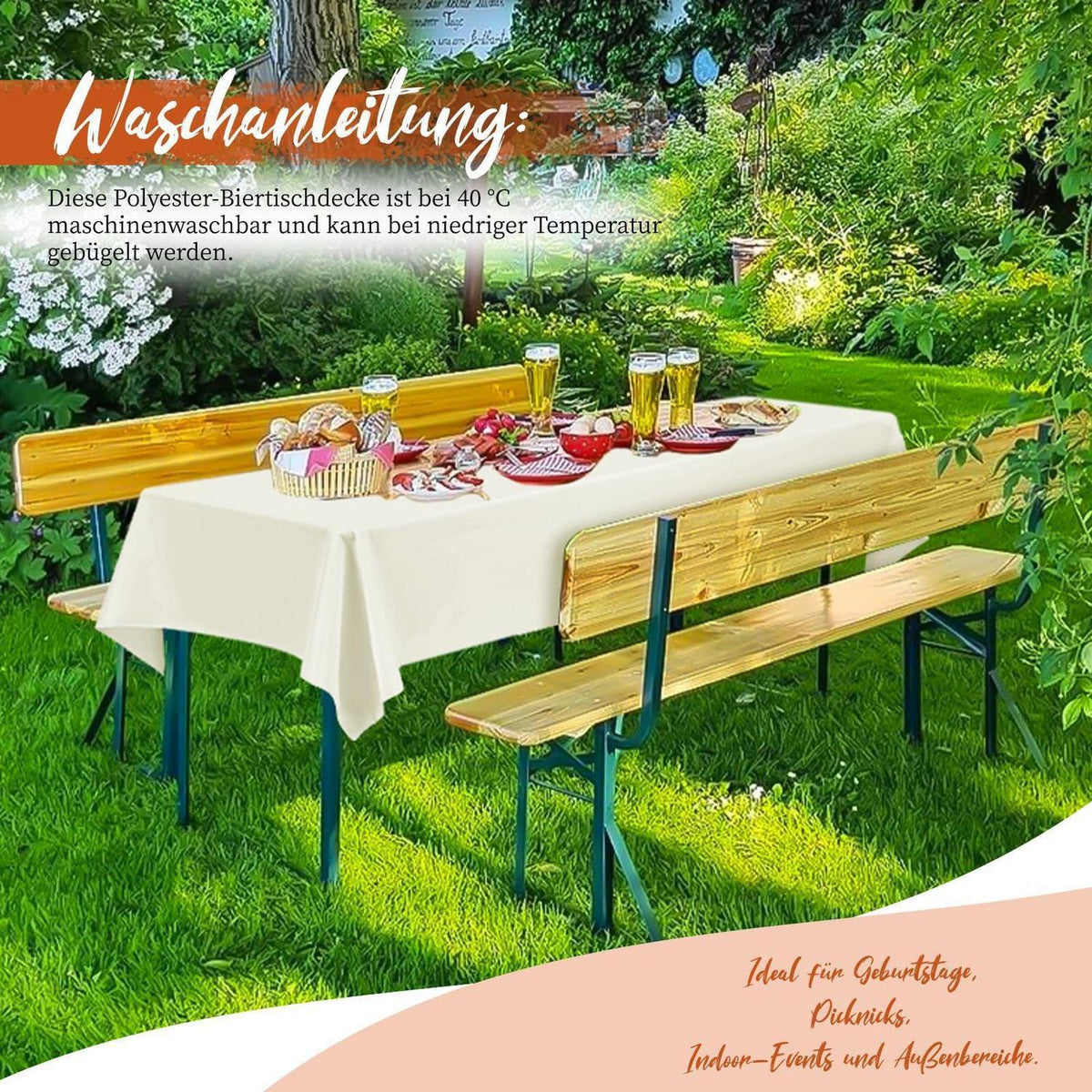 12x Elfenbein Biertisch Tischdecke 250x100cm – Waschbar & Blickdicht