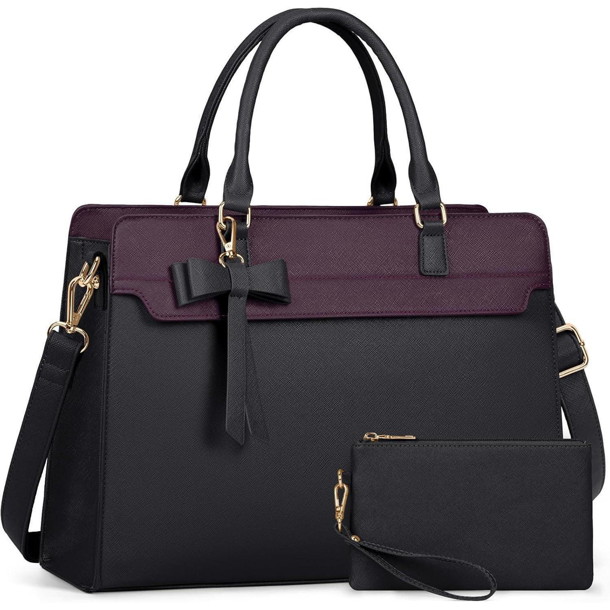 RAINSMORE Shopper Damen Laptoptasche 15.6 Zoll Wasserdicht Set Schwarz+Lila in Lederoptik