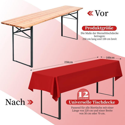 12 Rot Biertisch Tischdecken 250x100cm – Waschbar & Pflegeleicht
