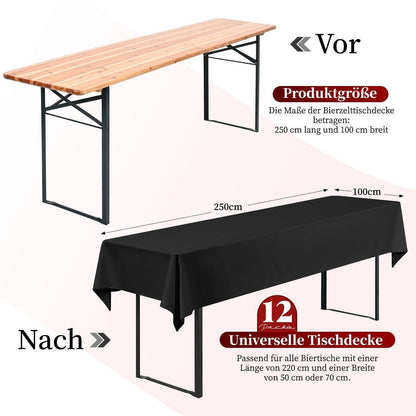 12x Biertisch Tischdecke Schwarz 250x100cm – Waschbar & Pflegeleicht