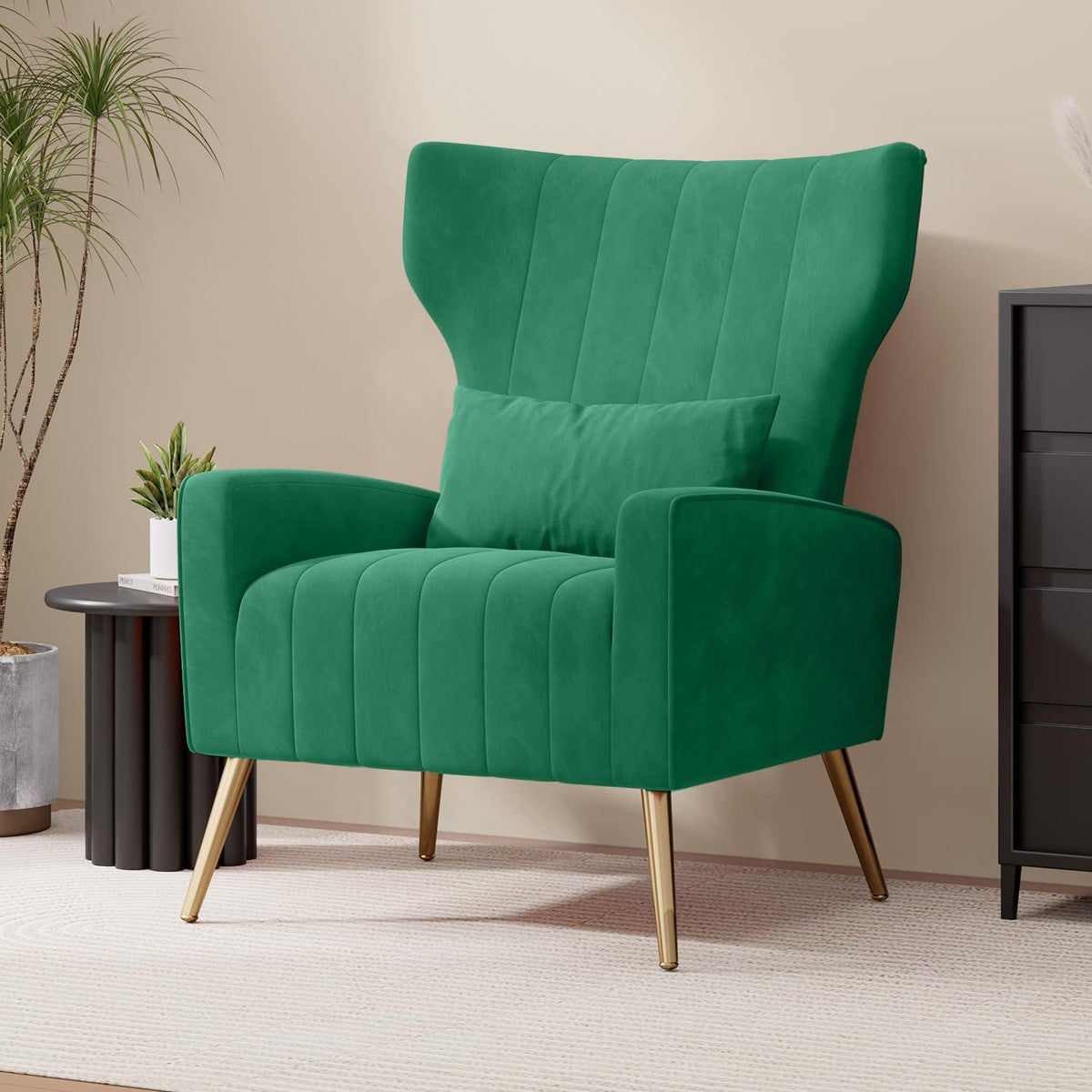 Samt Relaxsessel mit Kopfkissen & Goldfüßen – Grün
