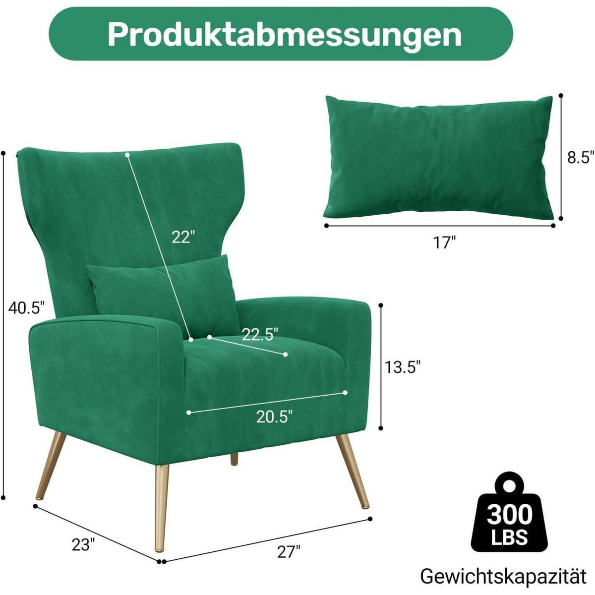 Samt Relaxsessel mit Kopfkissen & Goldfüßen – Grün