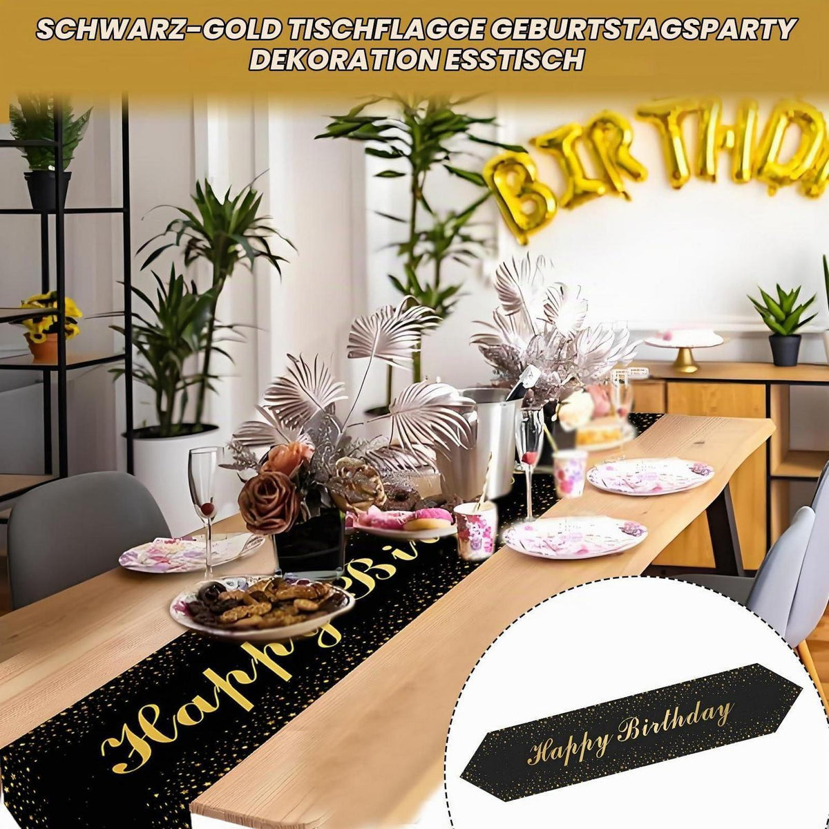 Happy Birthday Tischläufer Schwarz Gold 180x35cm