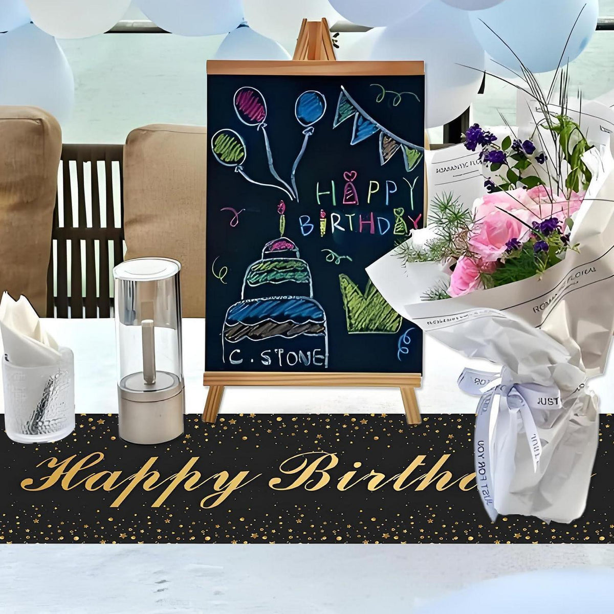 Happy Birthday Tischläufer Schwarz Gold 180x35cm
