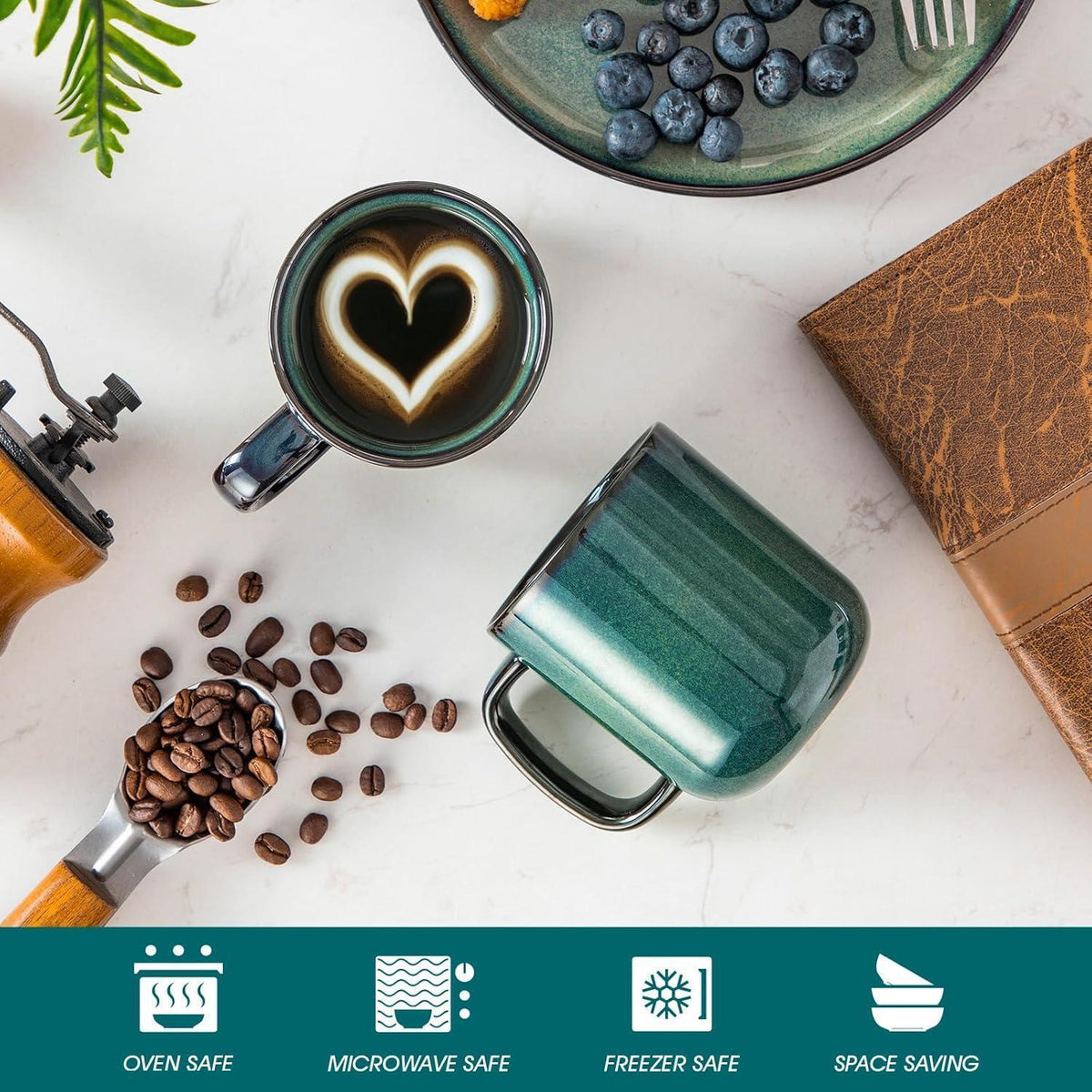 Steingut Kaffeetassen Set 6er, 360ml, Grün Starry
