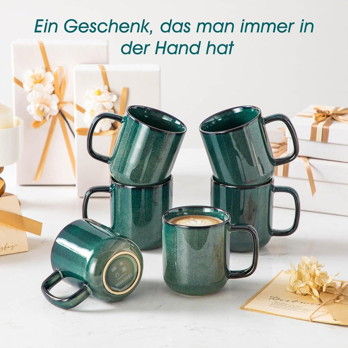 Steingut Kaffeetassen Set 6er, 360ml, Grün Starry