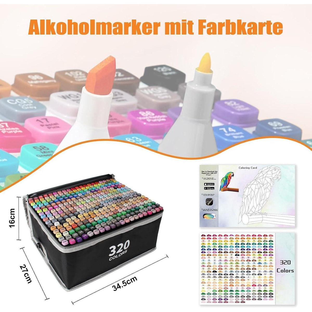 320er Alkohol Marker Set mit App | Doppelspitze & Farbkarte