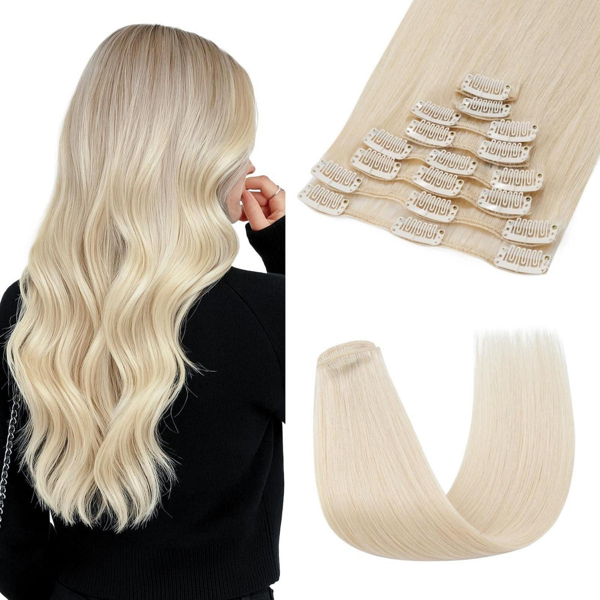 Echthaar Clip-In Extensions #70 Bleichmittel Weiß 24 Zoll