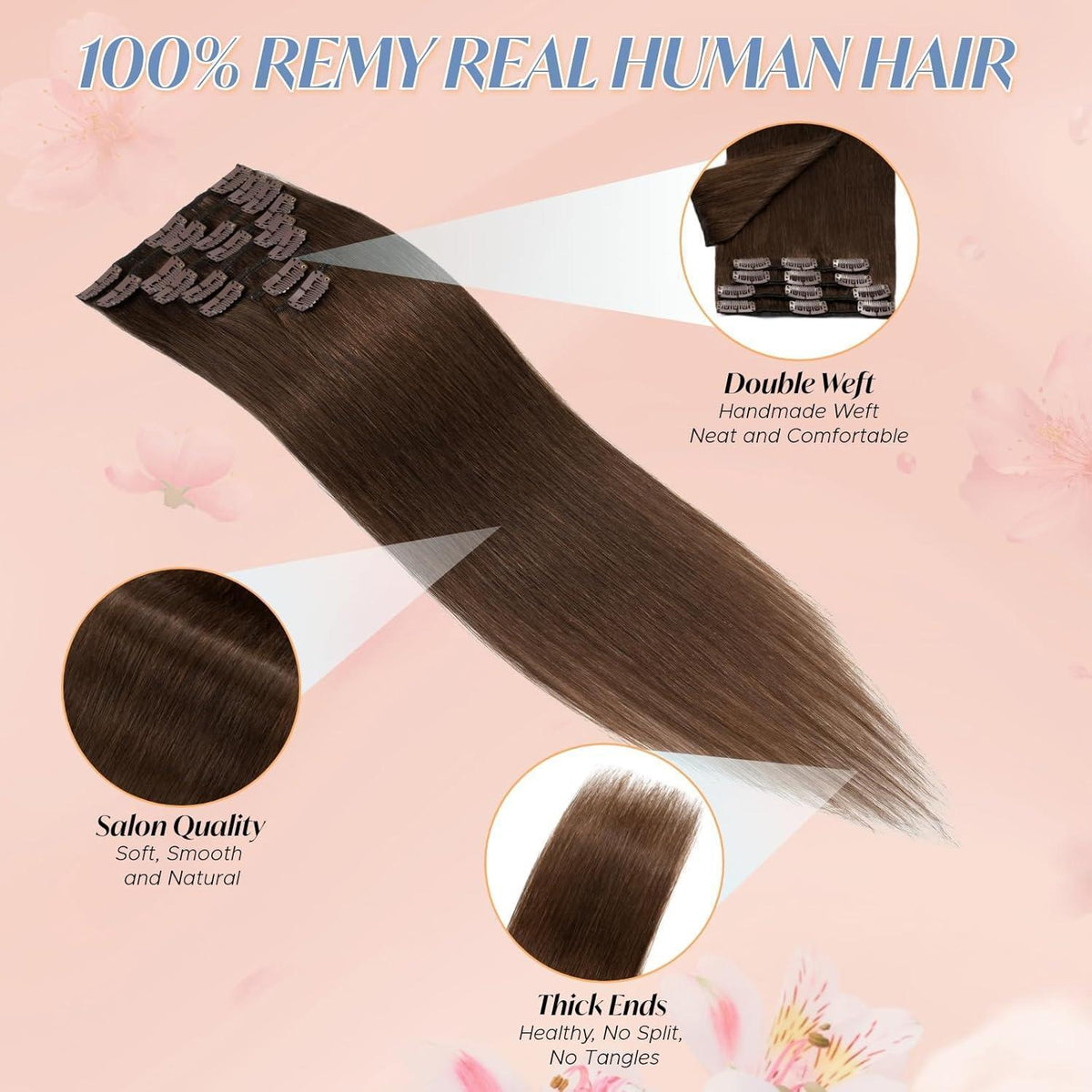 Echthaar Clip-Ins Schokoladenbraun 45cm - Remy Haarverlängerung