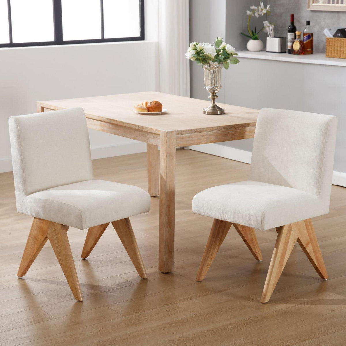 Chenille Esszimmerstühle 2er Set mit Holzbeinen – Beige