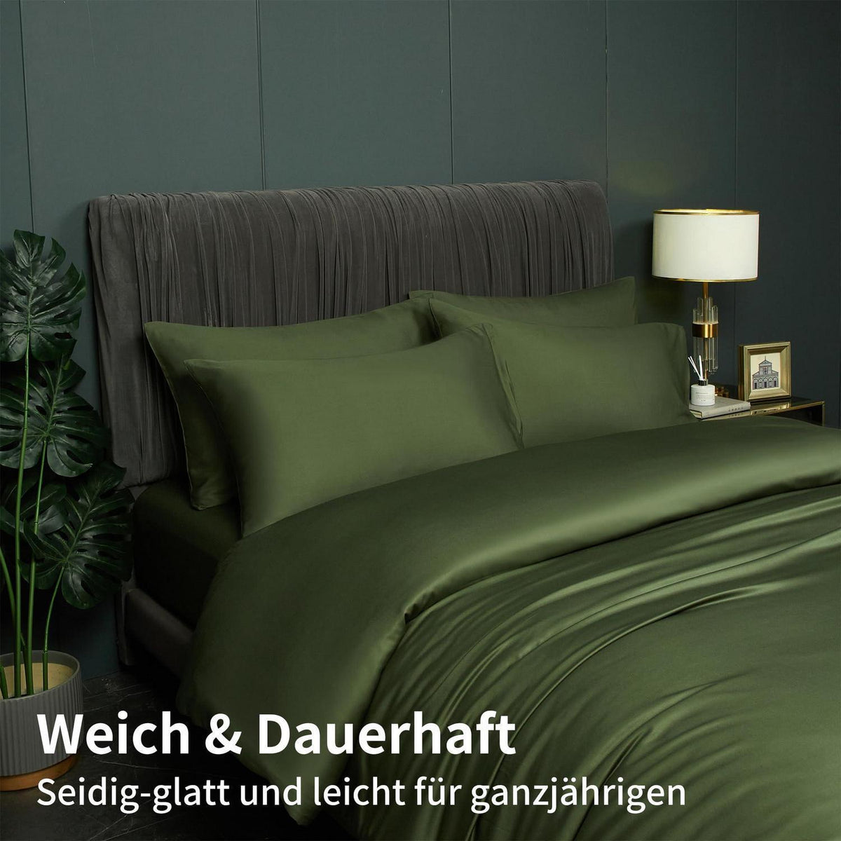 Kühlende Bambus Bettwäsche Set Dunkelgrün 220x240 cm + 2x 80x80 cm