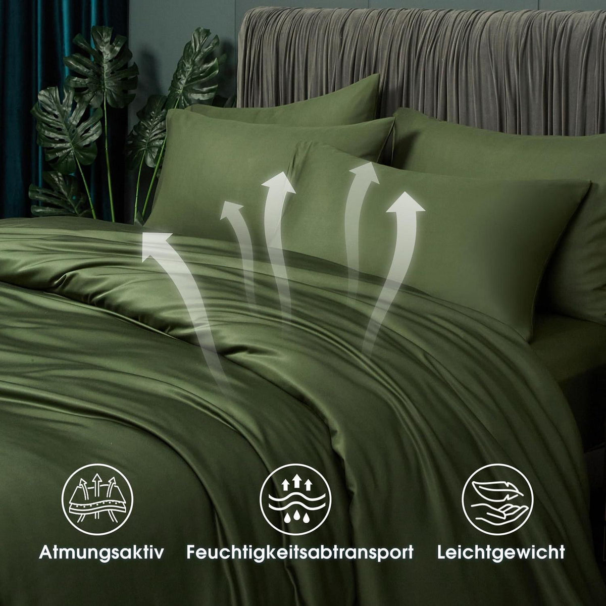 Kühlende Bambus Bettwäsche Set Dunkelgrün 220x240 cm + 2x 80x80 cm