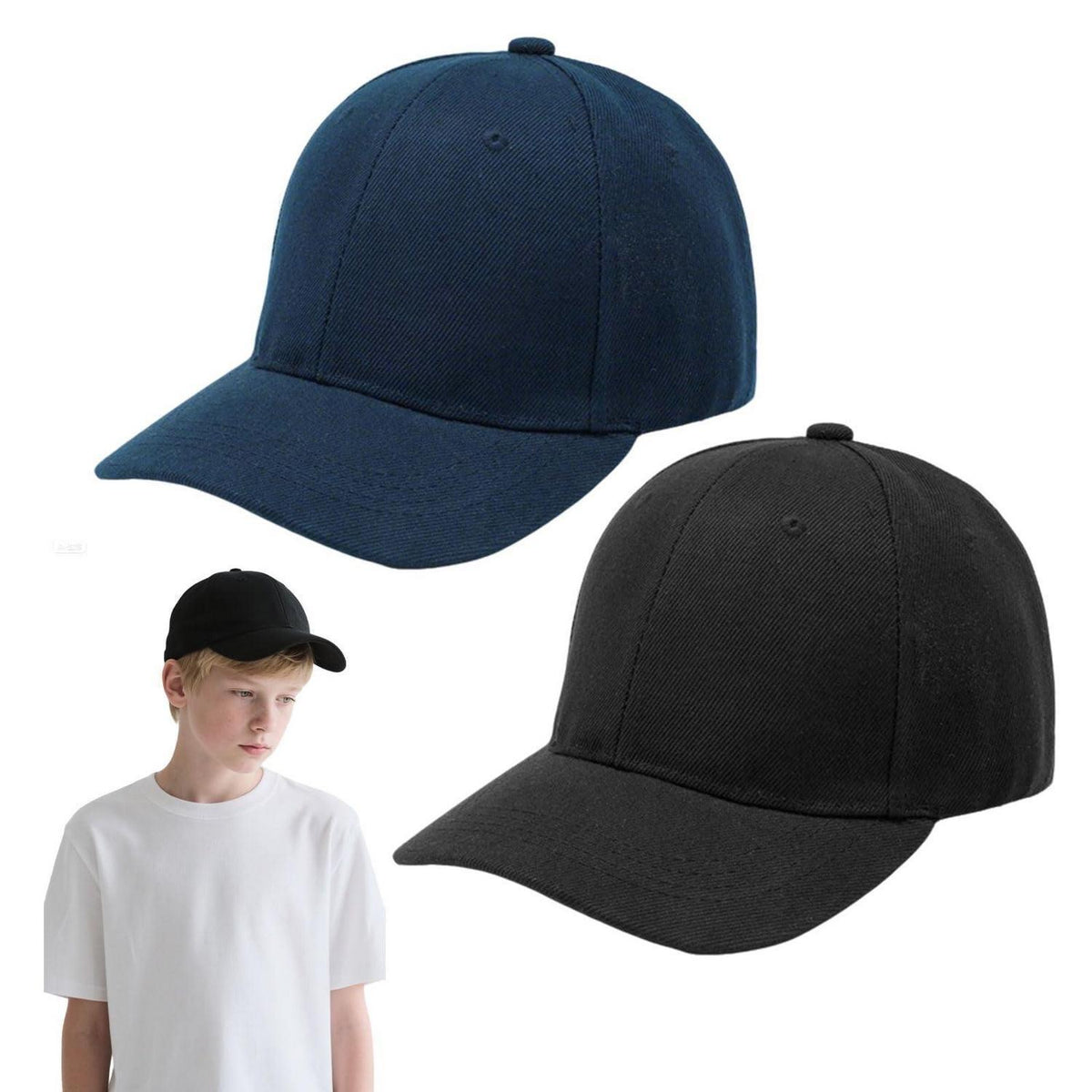 2x Kinder Baseballkappen - Schwarz & Marineblau, Verstellbar
