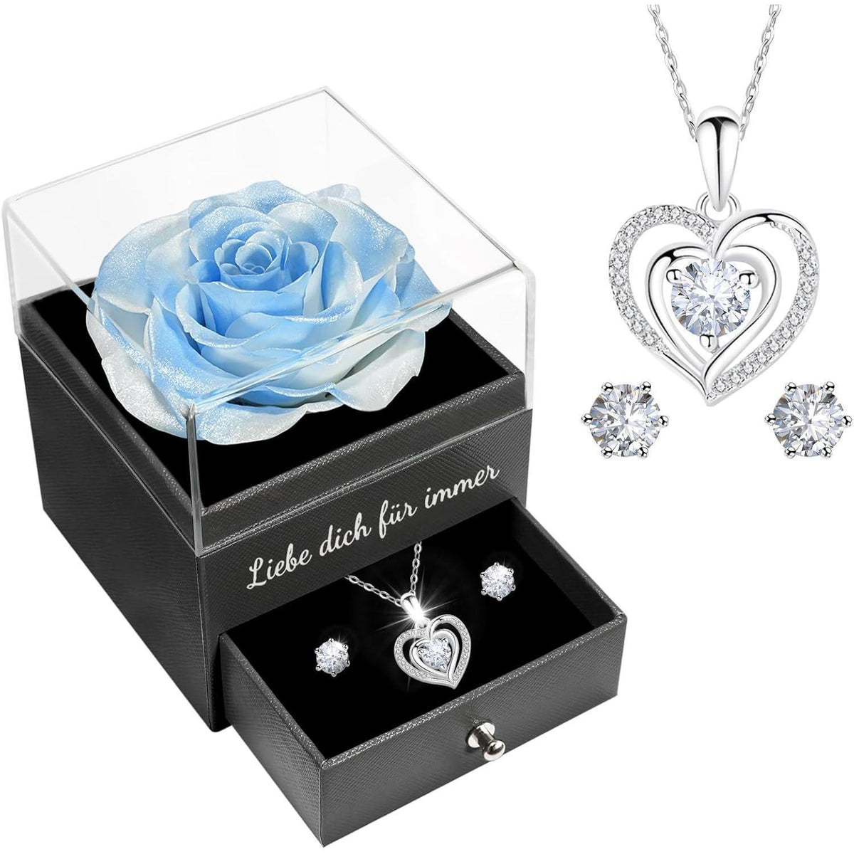 Ewige Rose mit Herz-Halskette & Ohrringen – Geschenk für Sie
