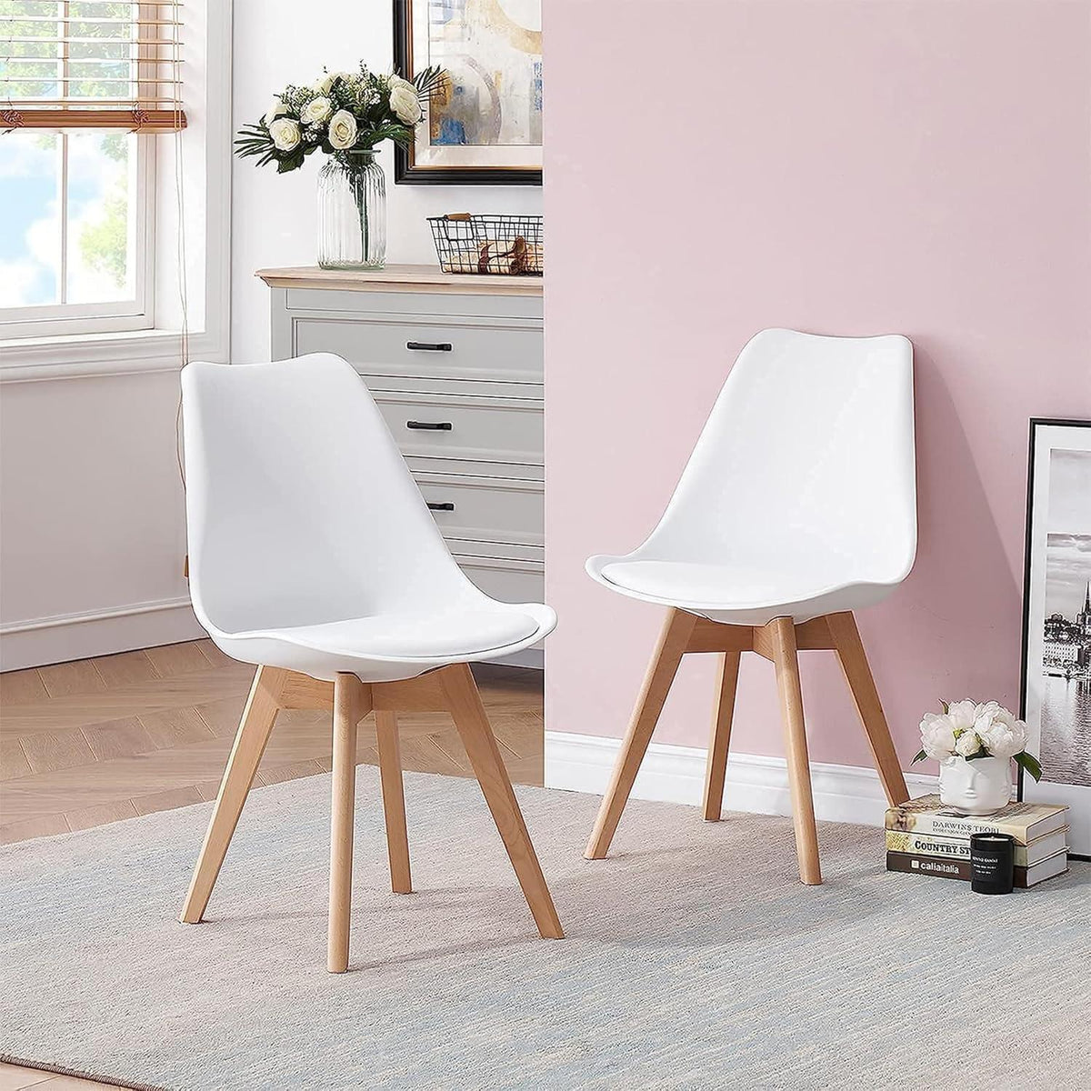 Esszimmer-Set Holz mit 4 skandinavischen Stühlen Weiß