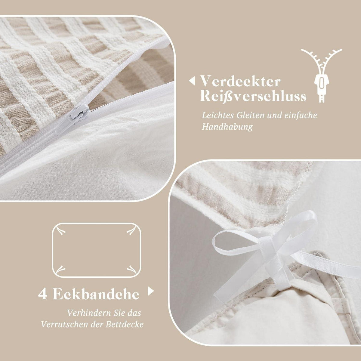 Bettwäsche-Set 220x240 Baumwolle Gestreift Khaki & Weiß 3tlg.