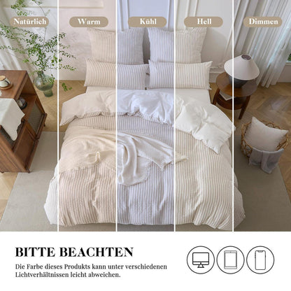 Bettwäsche-Set 220x240 Baumwolle Gestreift Khaki & Weiß 3tlg.