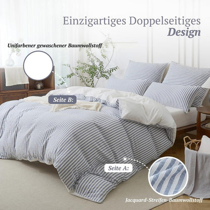 Bettwäsche-Set 135x200 Baumwolle Gestreift Denimblau & Weiß 4tlg.