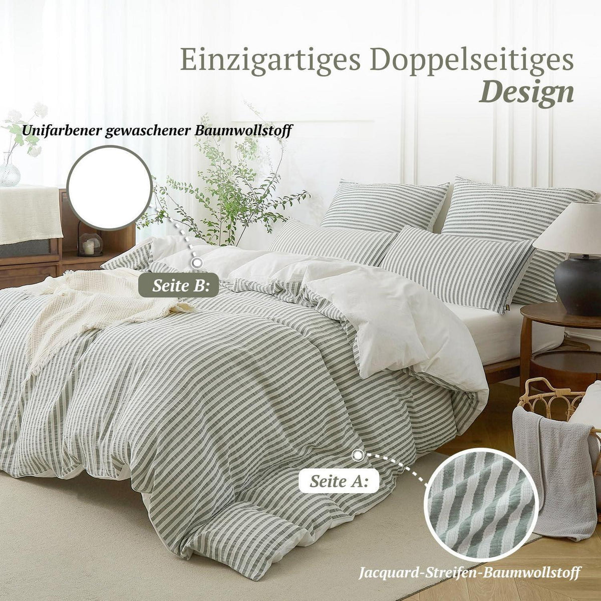 Bettwäsche-Set 135x200 Baumwolle Gestreift Salbeigrün & Weiß 4tlg.