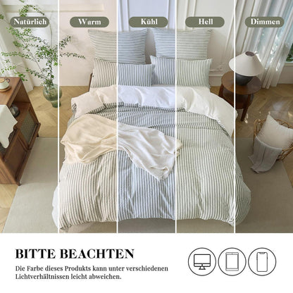 Bettwäsche-Set 135x200 Baumwolle Gestreift Salbeigrün & Weiß 4tlg.