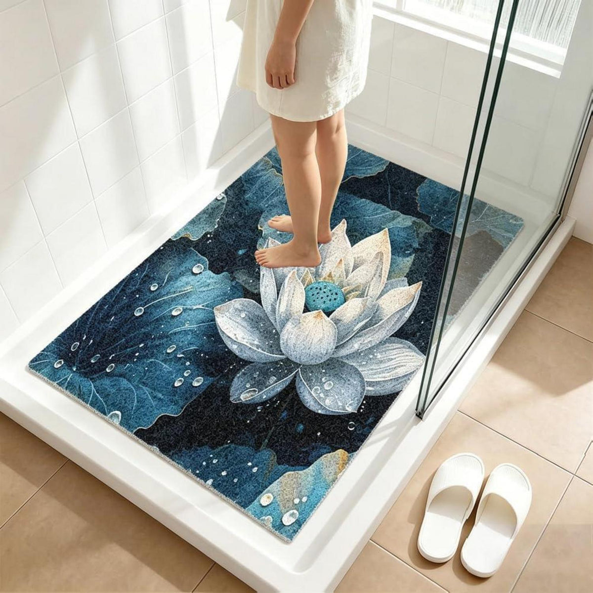 Rutschfeste Duschmatte 120x150 cm – Modernes Lotus-Muster