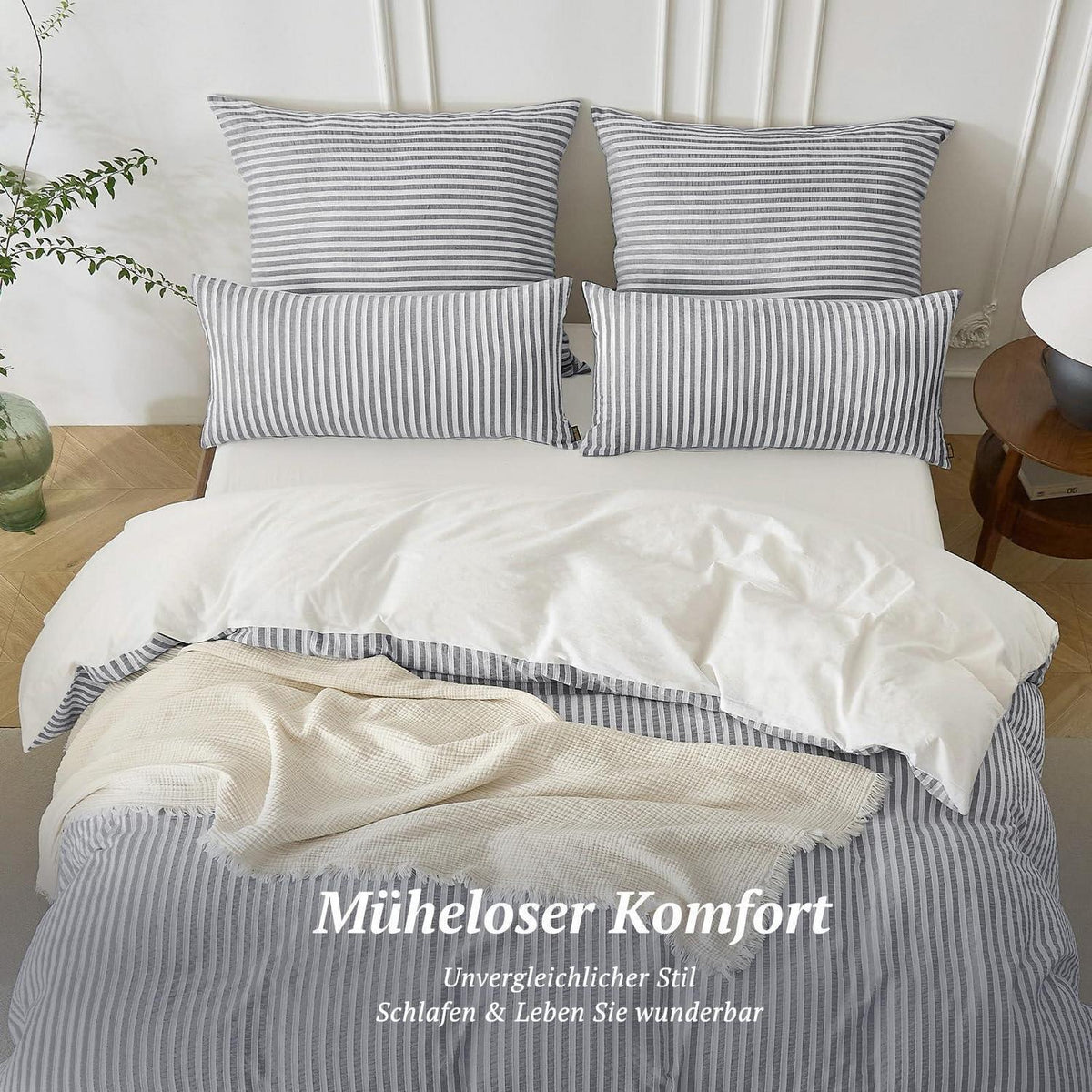 Bettwäsche-Set 135x200 Baumwolle Gestreift Blaugrau & Weiß 4tlg.