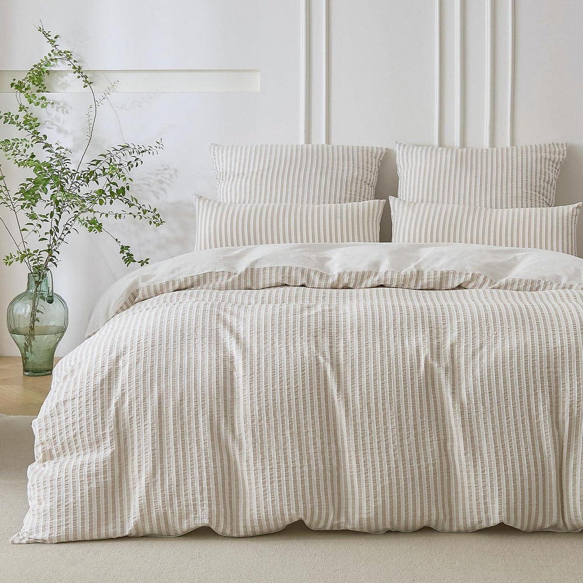 Bettwäsche-Set 135x200 Baumwolle Gestreift Khaki & Weiß 4tlg.