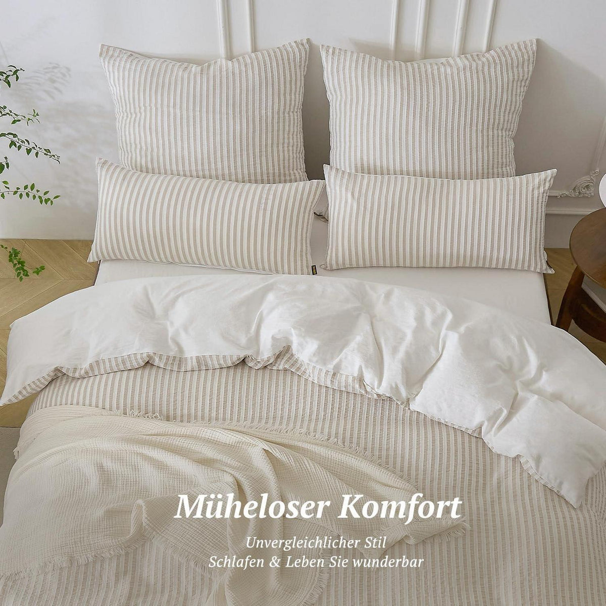 Bettwäsche-Set 135x200 Baumwolle Gestreift Khaki & Weiß 4tlg.