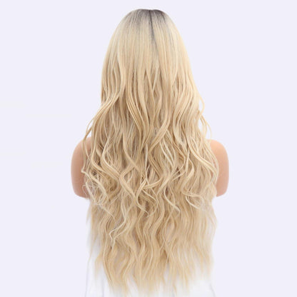 Gewellte Blonde Perücke mit Pony – Lang, Ombre Blond & Schwarz