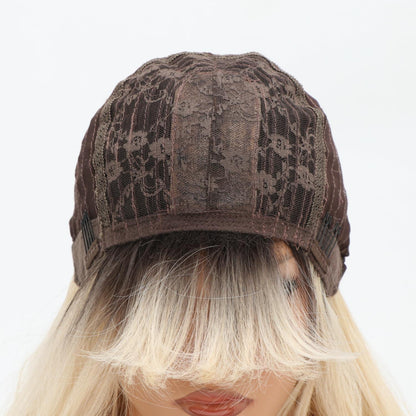 Gewellte Blonde Perücke mit Pony – Lang, Ombre Blond & Schwarz