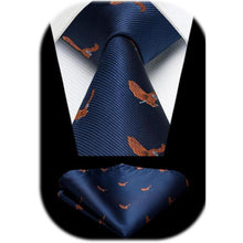 Herren Krawatten Set mit Einstecktuch, Adler Motiv, Marineblau