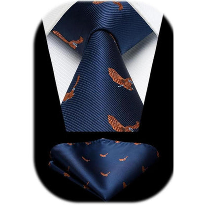 Herren Krawatten Set mit Einstecktuch, Adler Motiv, Marineblau