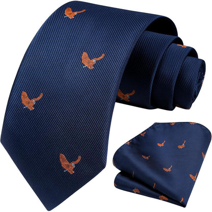 Herren Krawatten Set mit Einstecktuch, Adler Motiv, Marineblau