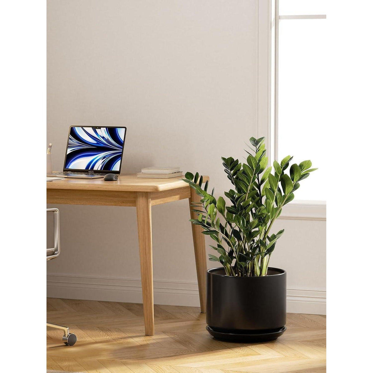 Keramik Blumentopf Groß 30cm mit Untersetzer & Abflussloch Schwarz