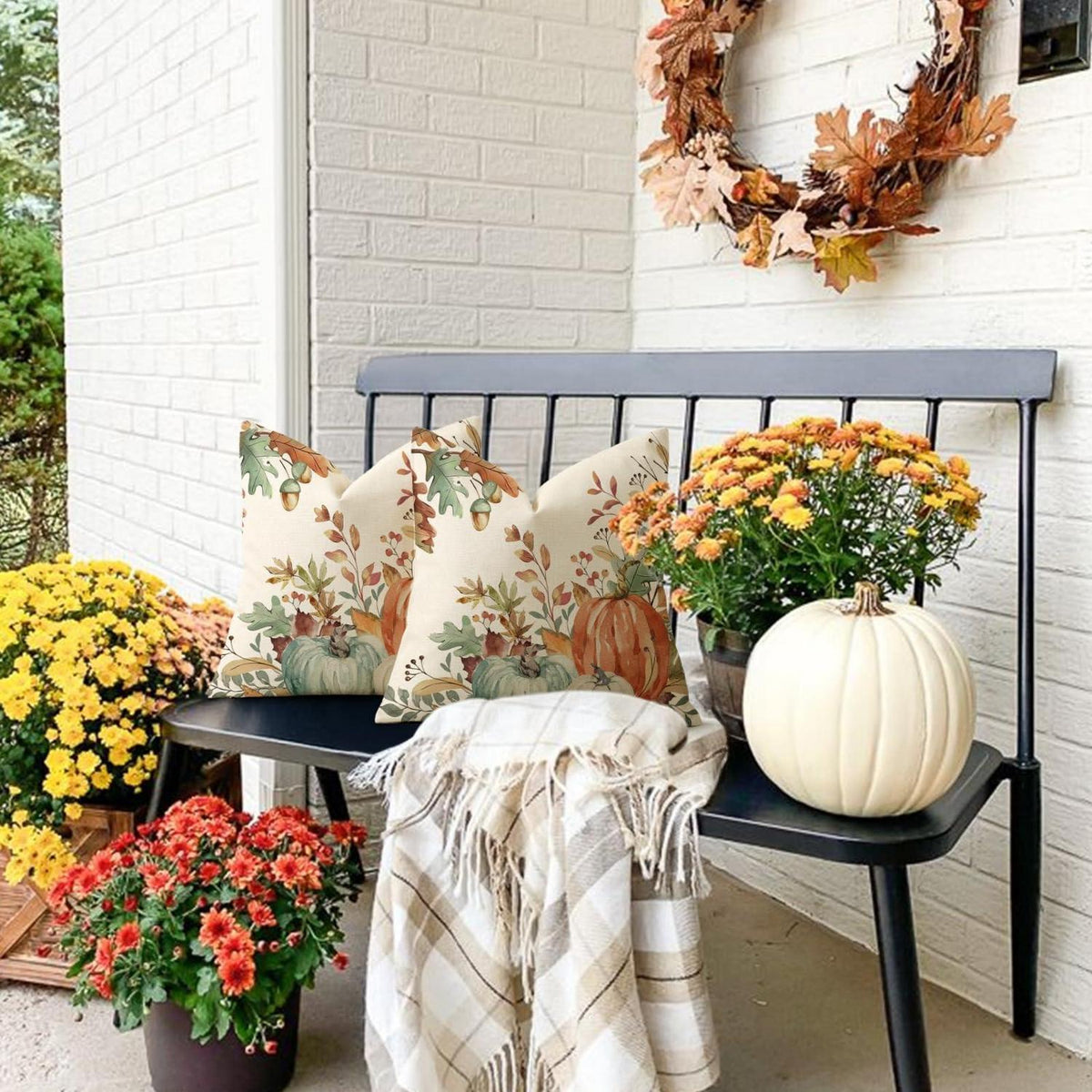 Herbst Kissenbezug 50x50 - 2er Set Kürbis Deko Leinen